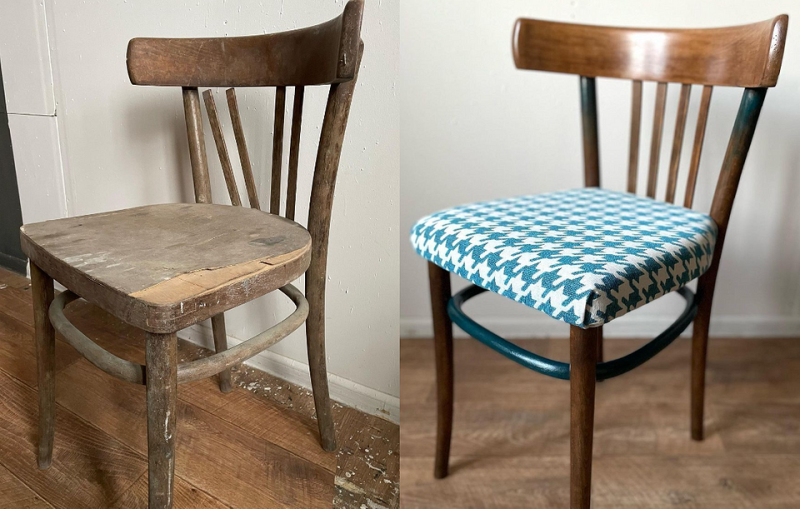 Оновлений старий стілець Реставрація стільців 2026: ідеї переробки старого стільця своїми руками для декору інтер'єру.