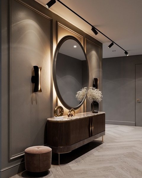 Темні деталі Деталі інтер'єру з меблями з темного дерева. Натуральний шпон та класичний стиль.