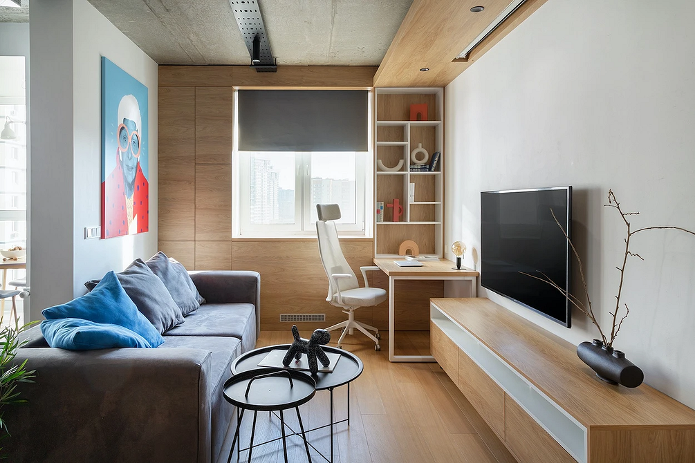 Світлі тони Приклад ефективного планування маленької кімнати з використанням світлих кольорів та меблів.