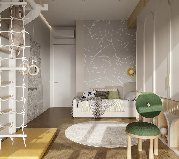 Зонування простору Зонування спальні: ліжко відокремлене перегородкою, робочий стіл, місце для відпочинку.