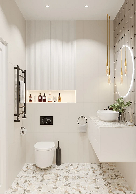 Вітальня: багато простору Дизайн вітальні з використанням багатофункціональних меблів та дзеркал для візуального збільшення простору.