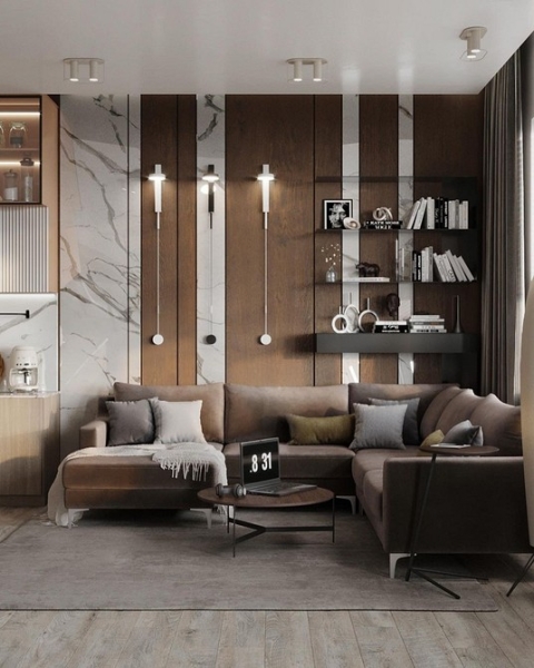 Яскраві акценти Коричневий диван у поєднанні з яскравими акцентами: подушки та декор