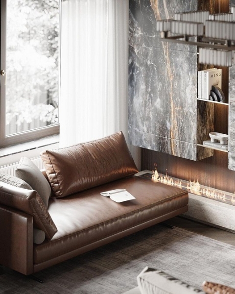 Шоколадний диван в інтер'єрі Шоколадний кутовий диван у сучасному дизайні інтер'єру вітальні з панорамними вікнами.