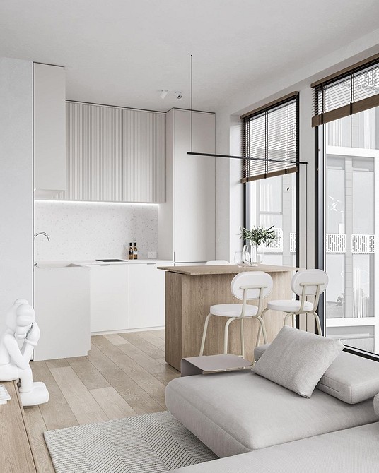 Кухня: острів і бар Функціональна кухня з островом і барною стійкою для сучасного інтер'єру квартири.