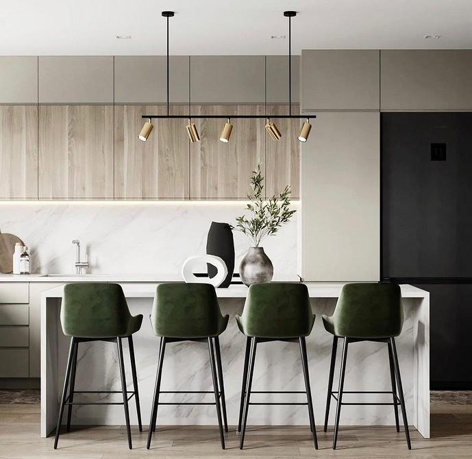 Барна стійка Сучасна кухня з дерев'яним островом та барною стійкою для дружніх зустрічей.