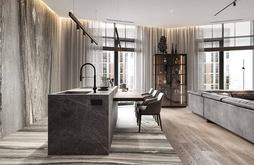 Кухня-вітальня з островом Простора кухня-вітальня з островом, вдале рішення для сучасного будинку 2026