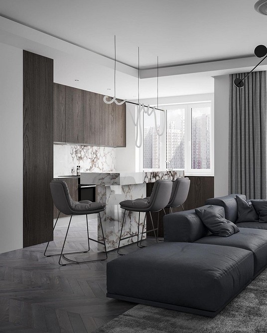 Відкритий простір Дизайн кухні з островом, поєднаний з обідньою зоною та вітальнею в одному просторі.