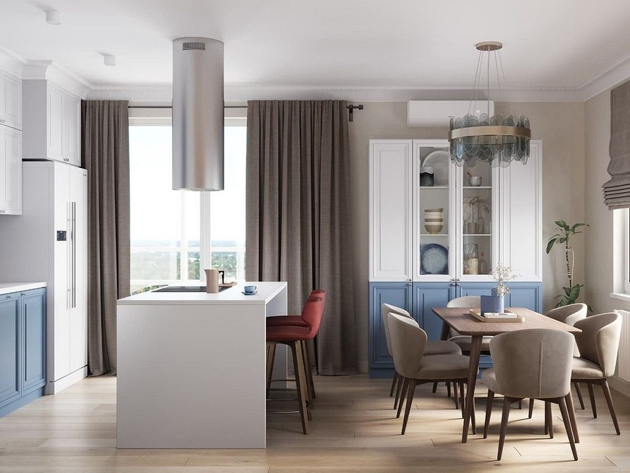 Білий острів Сучасна кухня з білим островом, підсвіткою та великою робочою поверхнею.