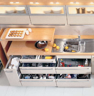 Ергономічна кухонна фурнітура Сучасні кухонні механізми для зручного зберігання та легкого доступу до речей.