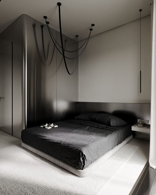 Простір та світло Простора спальня з великим сірим ліжком та панорамними вікнами для максимального комфорту.