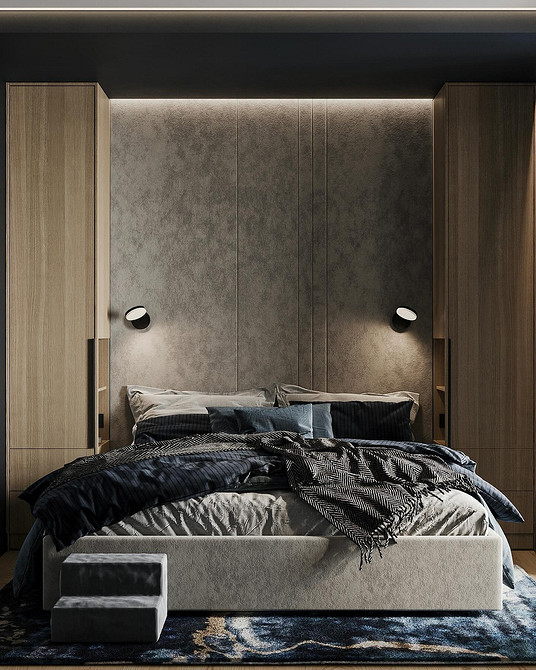 Ліжко: скандинавський стиль Інтер'єр спальні з сірим ліжком в скандинавському стилі з мінімумом декору.