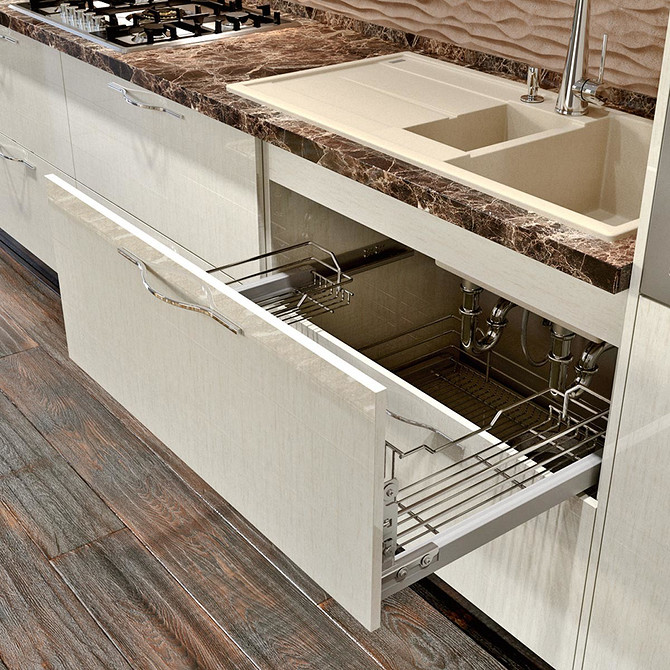 Контейнери для зберігання Організація простору під мийкою з контейнерами для побутової хімії.