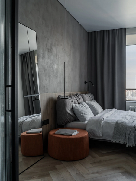 Мінімалізм в інтер'єрі спальні Дизайн спальні в стилі мінімалізм 2026: прості штори для максимального комфорту.