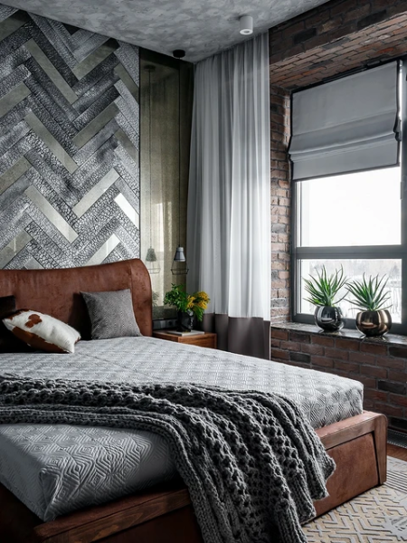 Лофт штори в спальні Штори в спальню 2026 в стилі лофт: грубі тканини для індустріального та сучасного вигляду.