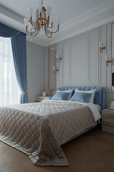 Неокласичні штори в спальні Неокласична спальня 2026: елегантні штори підкреслюють вишуканий стиль інтер'єру.