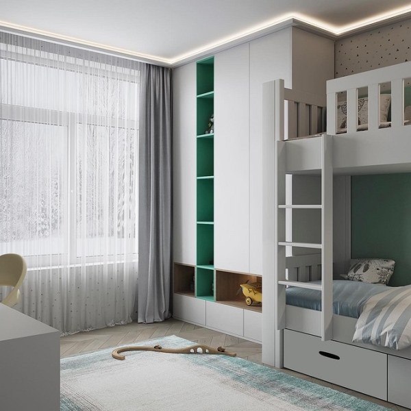 Яскраві акценти: радість кольору Дизайн дитячої 2026 з яскравими акцентами в нейтральному інтер'єрі, що стимулюють уяву.