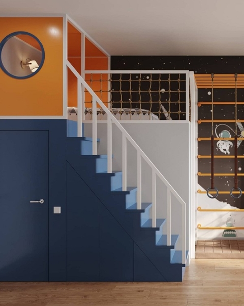 Ліжко-горище та ігрова зона Дитяча кімната 2026 з ліжком-горищем та ігровою зоною на подіумі, економія простору.