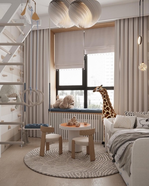 Ліжко-горище: гра та сон Дизайн дитячої кімнати 2026 з ліжком-горищем та затишною ігровою зоною внизу.