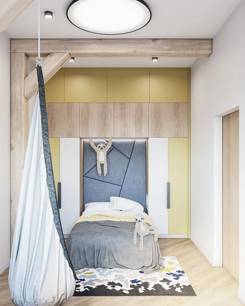 Спорт та сон в дитячій Сучасний дизайн дитячої кімнати 2026: двоярусне ліжко та спортивний куточок для активних дітей.