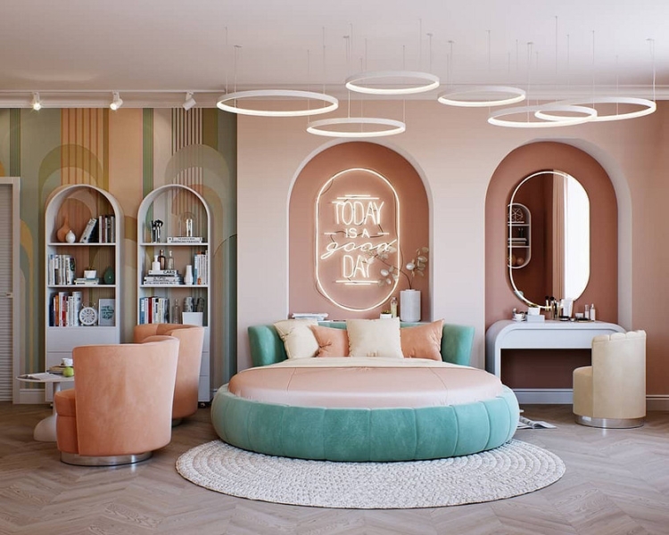 Округлі акценти в спальні Дизайн спальні з акцентом на округлі форми ліжка, тренди 2026, затишок та комфорт.
