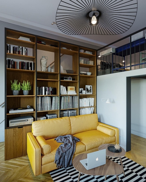 Скандинавський жовтий диван Жовтий диван в скандинавському інтер'єрі з дерев'яною підлогою та мінімалістичним декором.